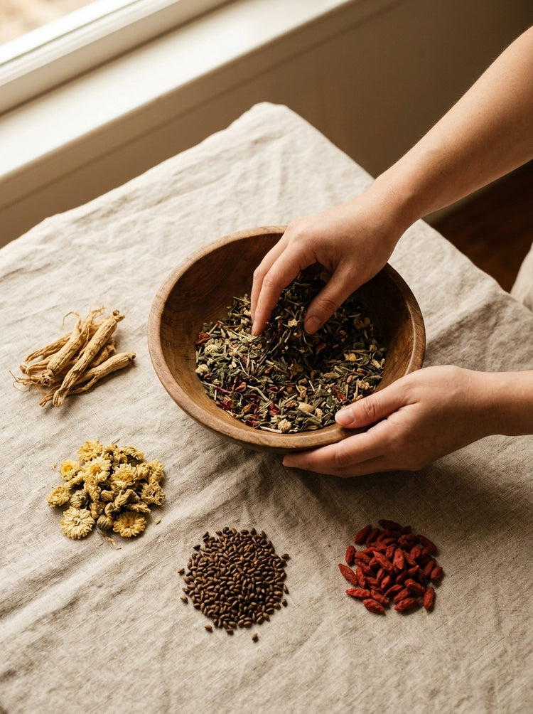 Hands mixing loose herbal tea in a wooden bowl beside ginseng, chrysanthemum and goji