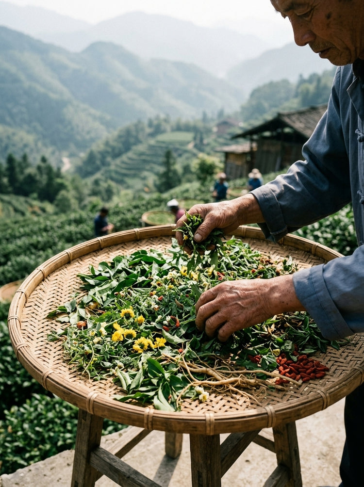 Hands sorting fresh herbs on a bamboo tray above terraced farms